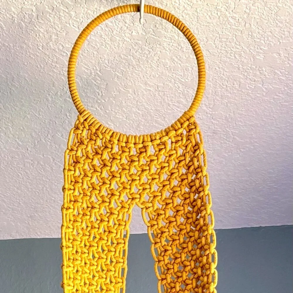 Handcrafted Artisanal Gold Mustard Macramé Plant Pot Hanger Holder Wall Hanging